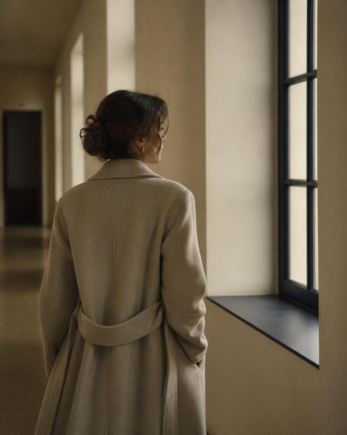 Femme de dos, de profil, marchant dans un couloir lumineux aux murs écrus près d’une grande fenêtre