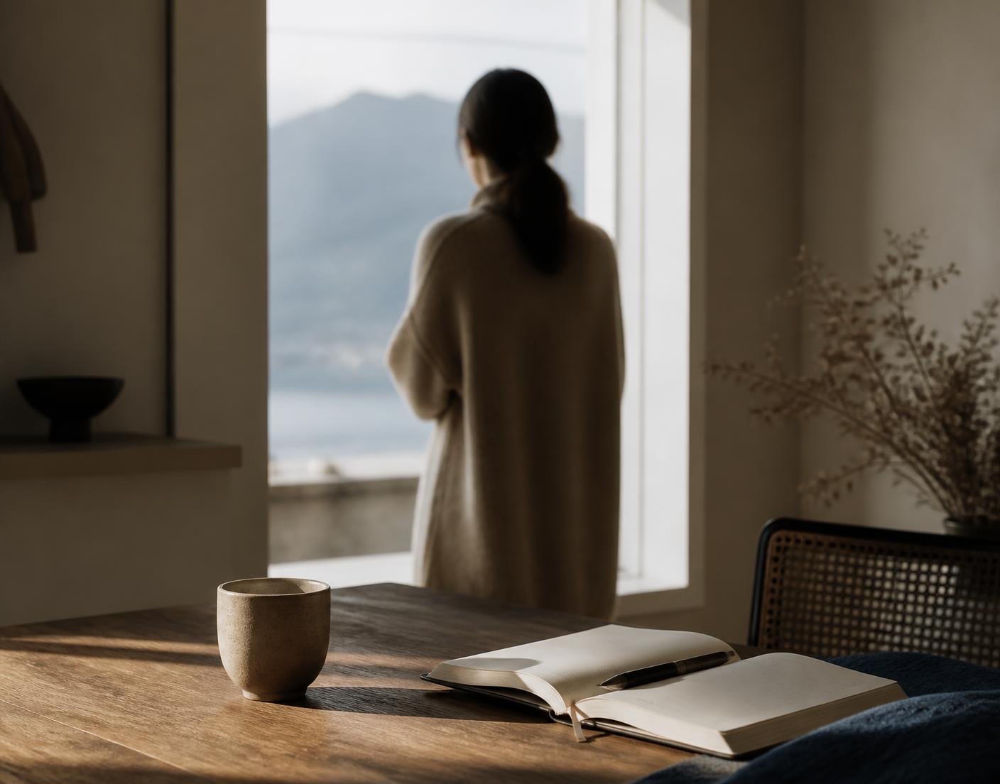 Personne de dos près d’une fenêtre dans une pièce calme, carnet ouvert et tasse posés sur une table en bois