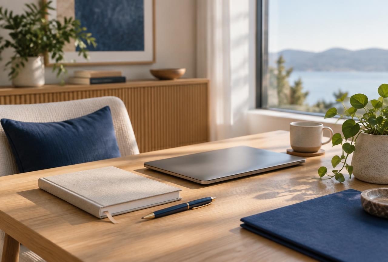Table de travail en bois clair avec carnet, stylo et plantes, devant une grande fenêtre lumineuse