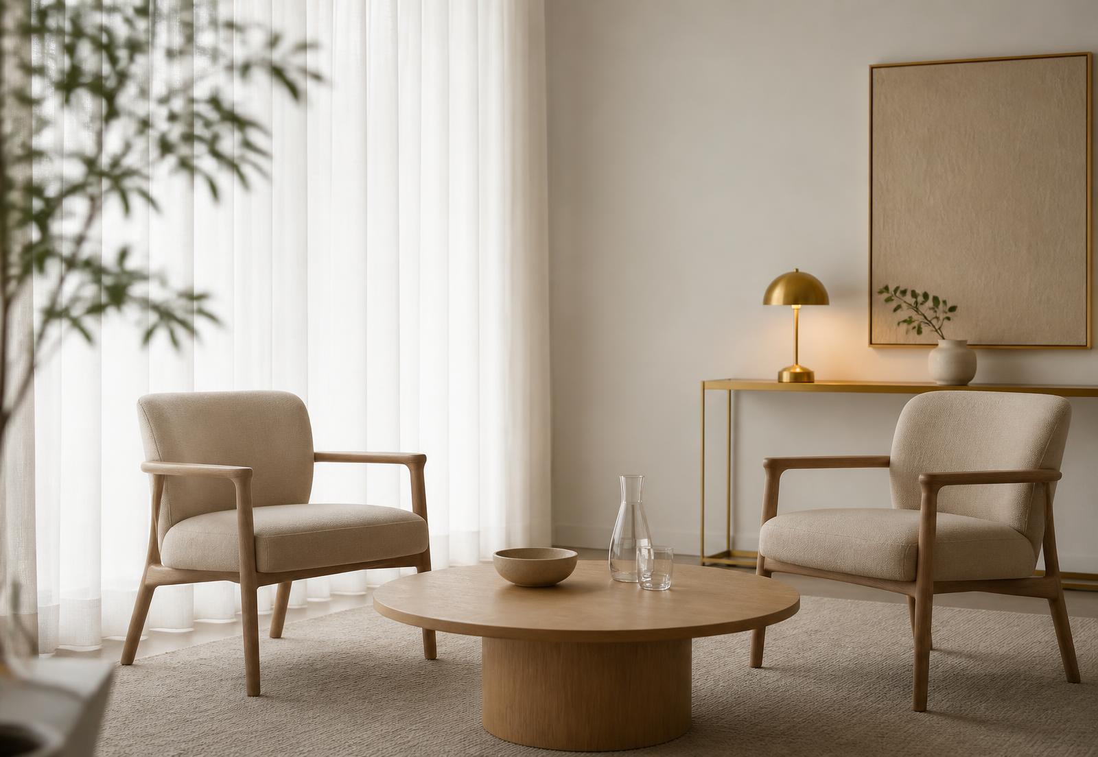 Salon de consultation minimaliste avec deux fauteuils clairs et une lumière douce