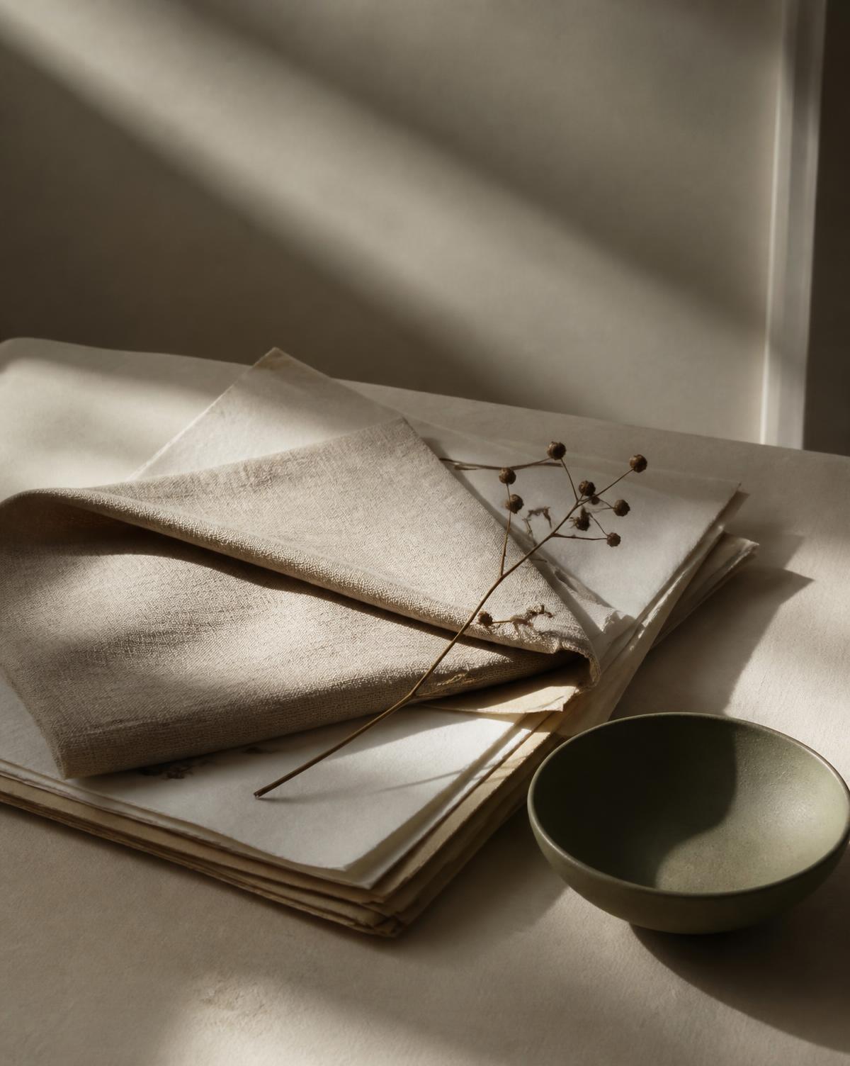 Papiers et lin pliés sur une surface beige, lumière rasante
