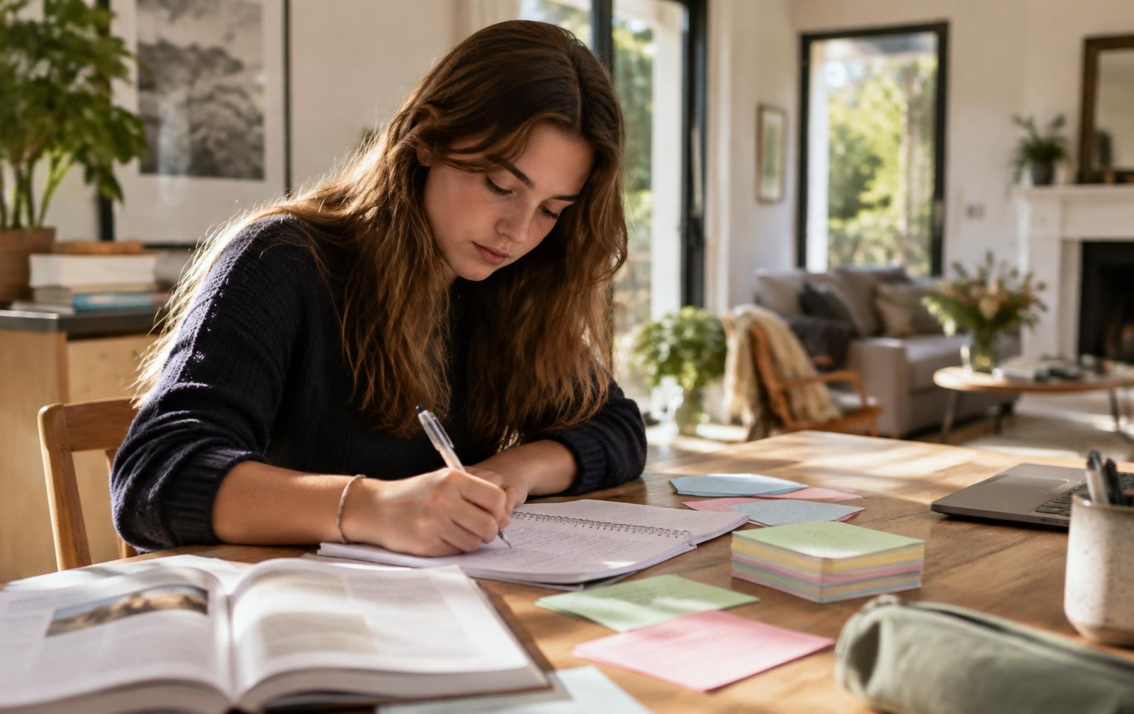 Adolescente organisant ses notes et ses fiches à une table en bois dans un intérieur lumineux
