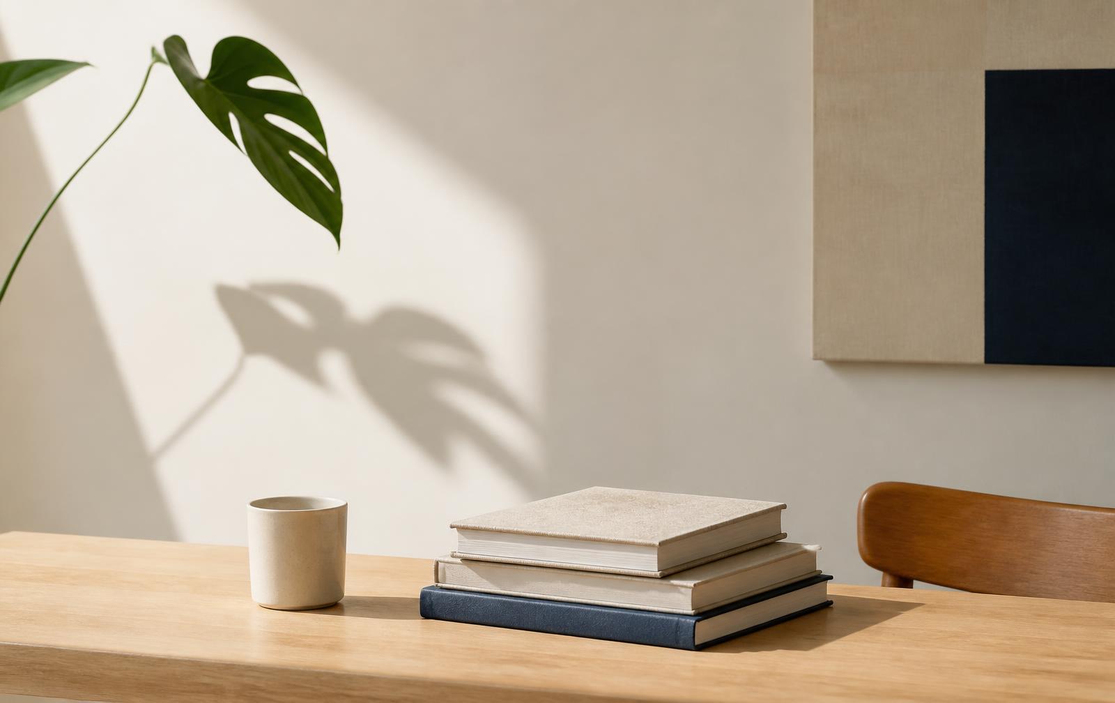 Livres empilés et tasse en céramique sur une table en bois clair, lumière naturelle et ombre de feuillage sur un mur écru