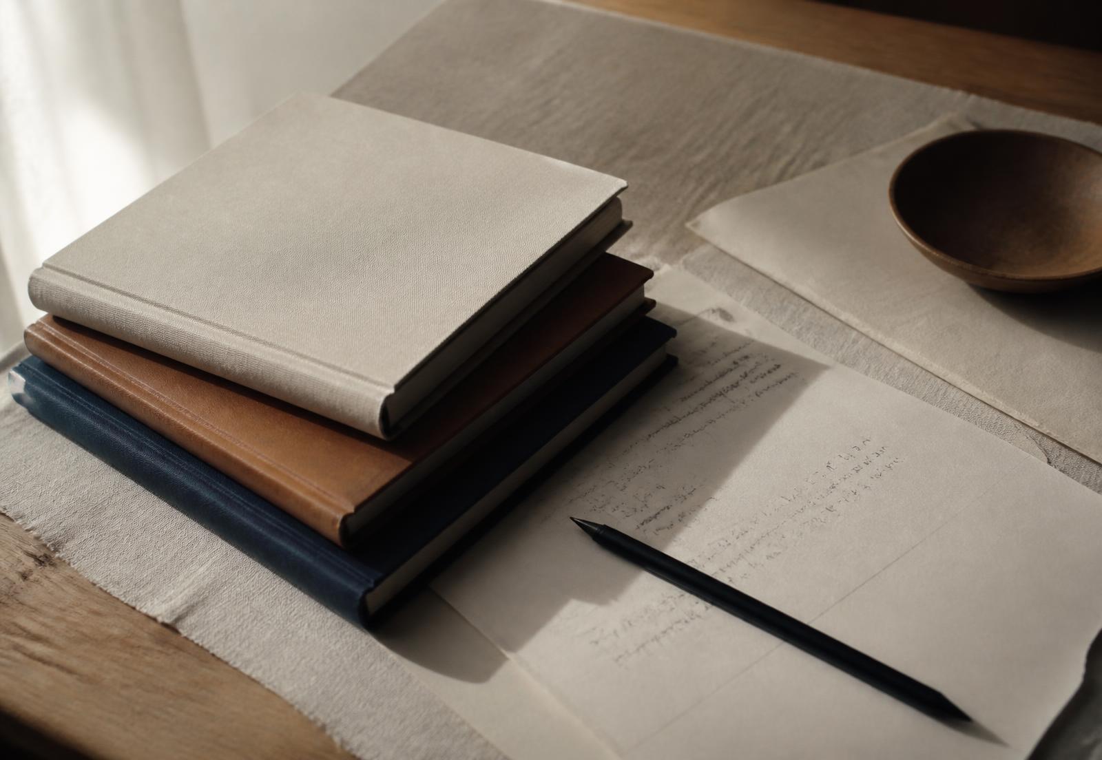 Pile de carnets fermés et feuilles de notes manuscrites sur une table en bois, lumière naturelle rasante