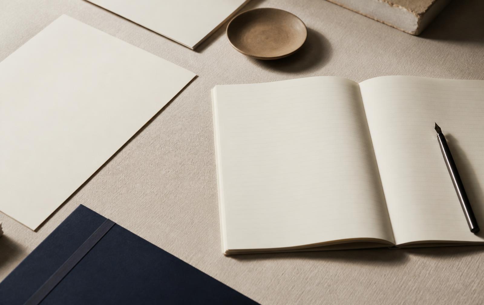 Carnet ouvert aux pages vierges, stylo, feuilles et chemise bleu encre disposés avec soin sur un bureau clair